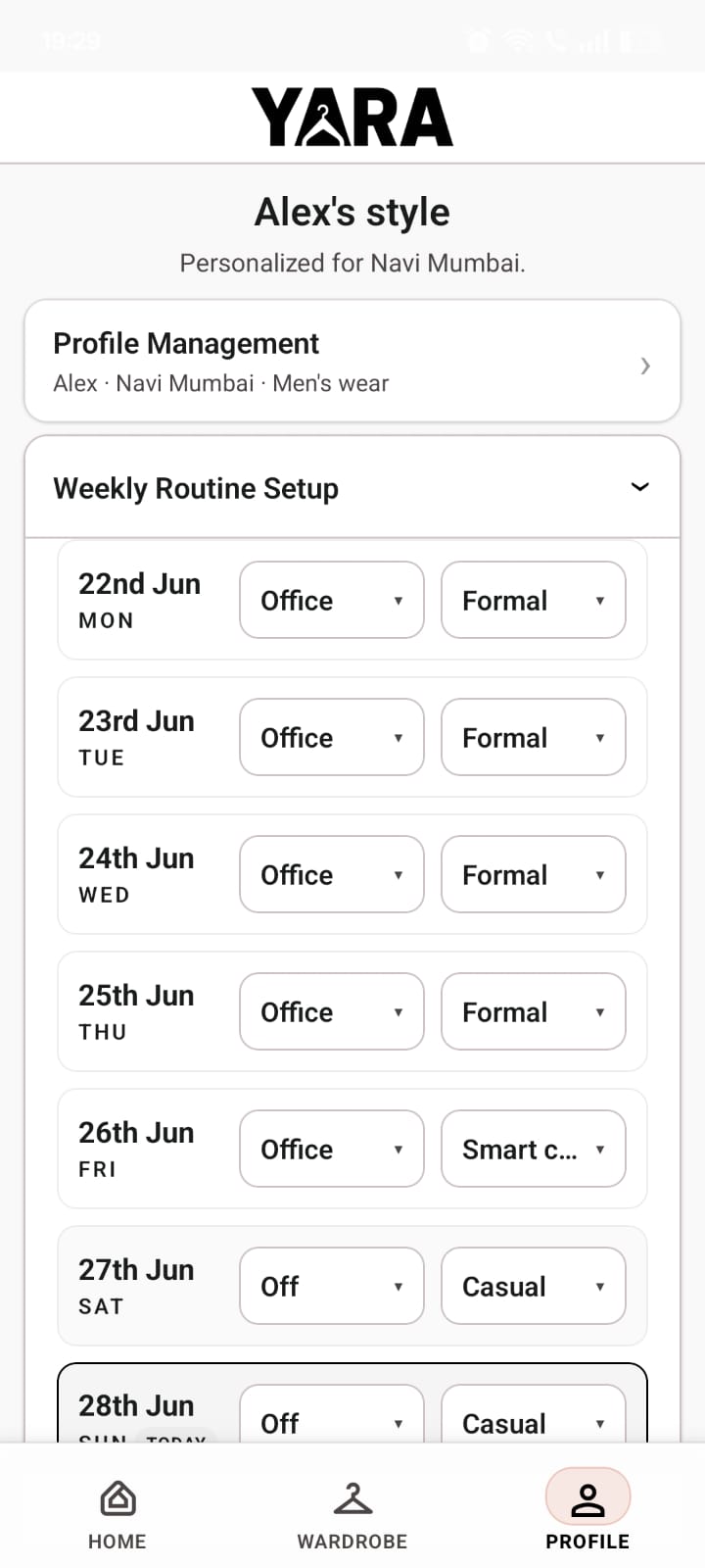 Weekly routine setup